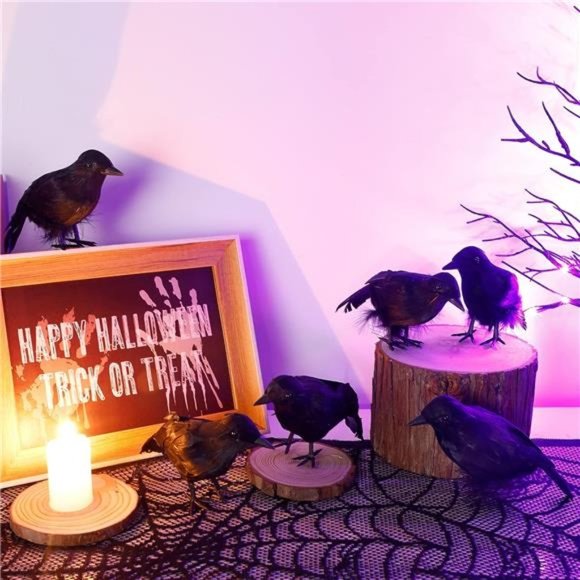 6 Pack Halloween Black Feathered Crows, Halloween Spooky Party Home Decorations - Picture 6 of 6